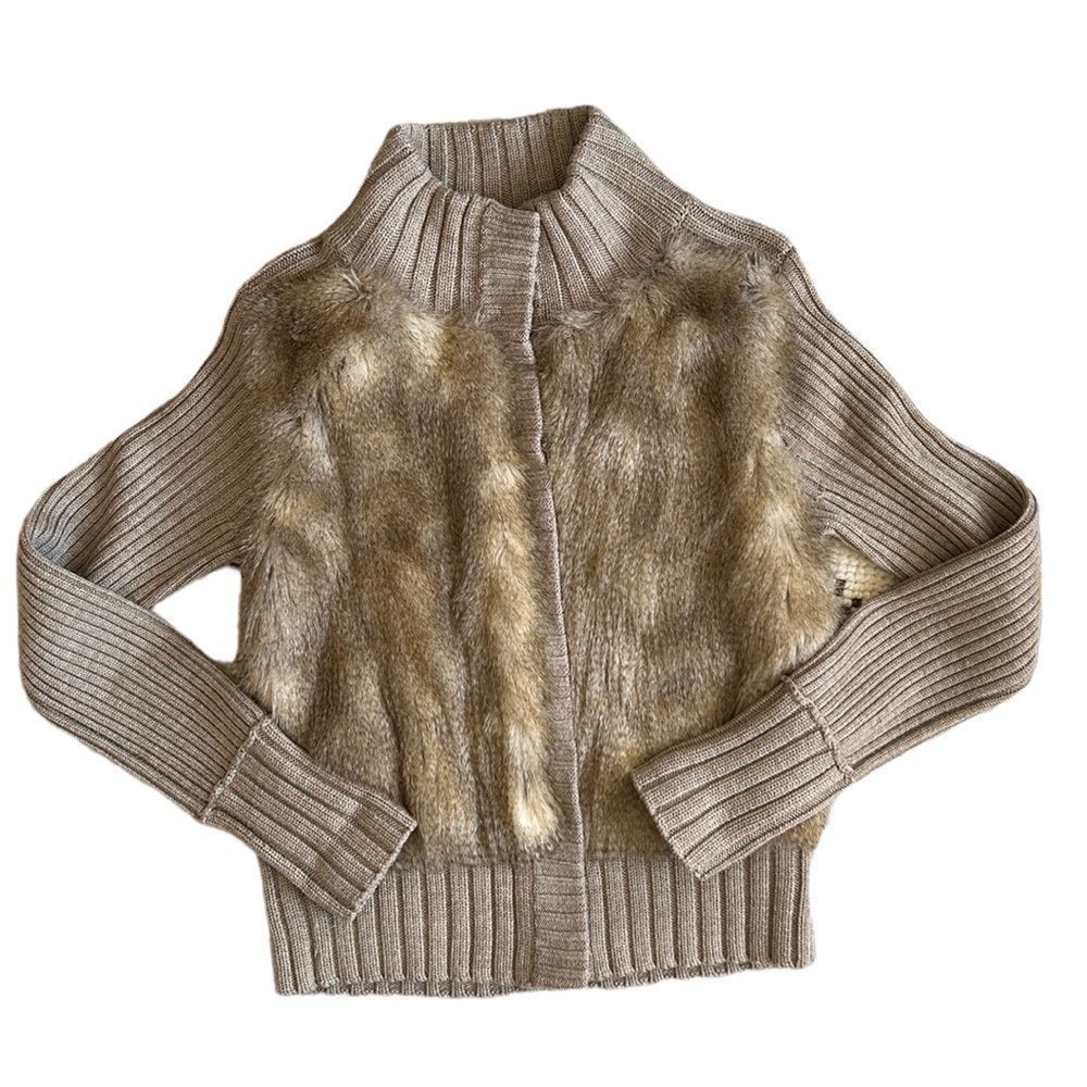 Club Monaco Women's Taupe Wool and Faux Fur Button Down Ribbed Cardigan Size M